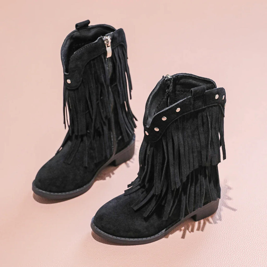 Santiag haute noir Cuir Fille - Franges, clous argentés