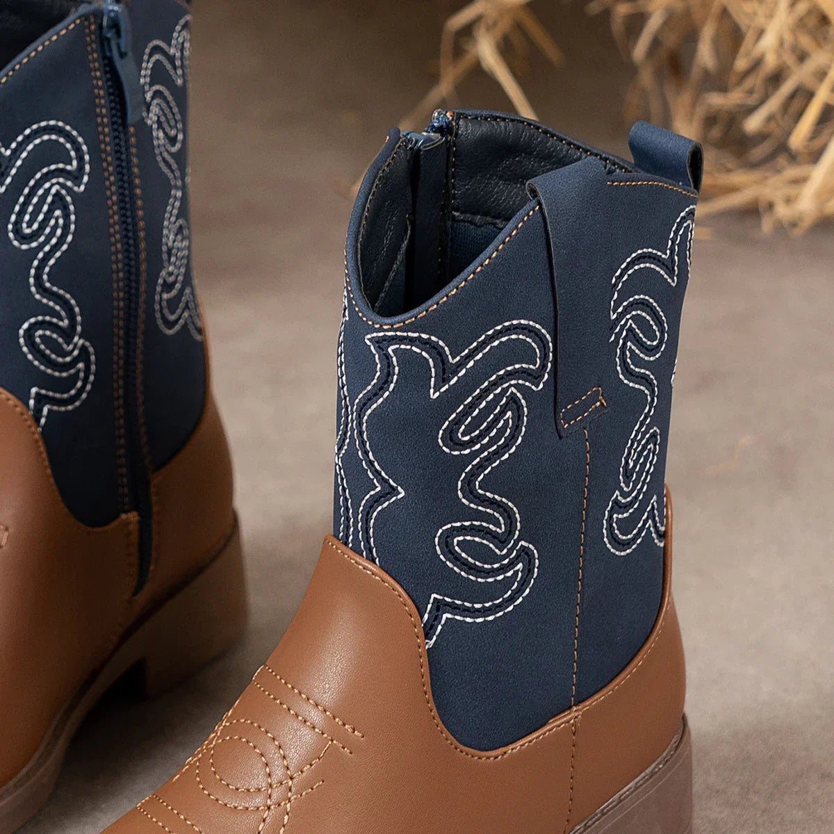 Santiag mi-haute marron Cuir Fille - Broderies blanches