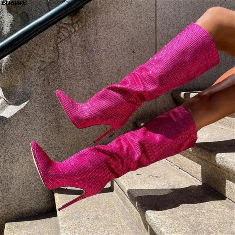 Botte haute rose à paillettes Daim Synthétique Femme - Talon aiguille