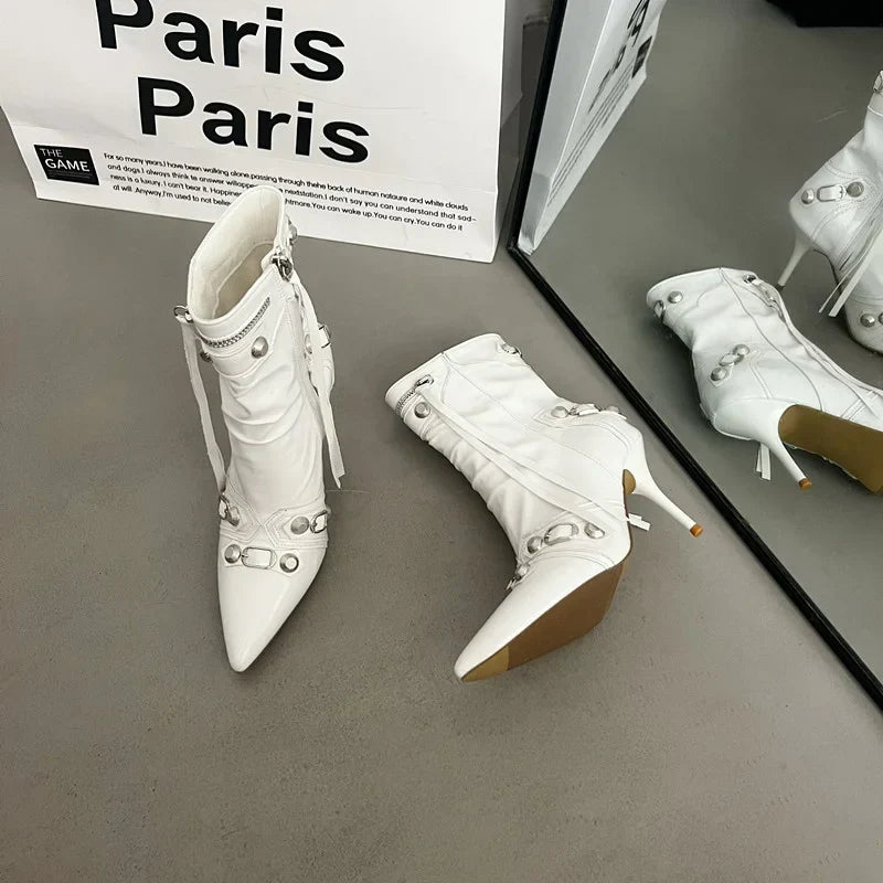 Botte haute blanc Simili Cuir Femme - Boucles métalliques