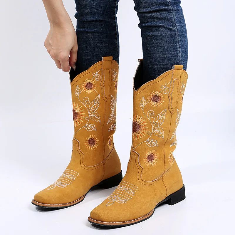 Santiag mi-haute jaune Simili Cuir Femme - Broderies florales