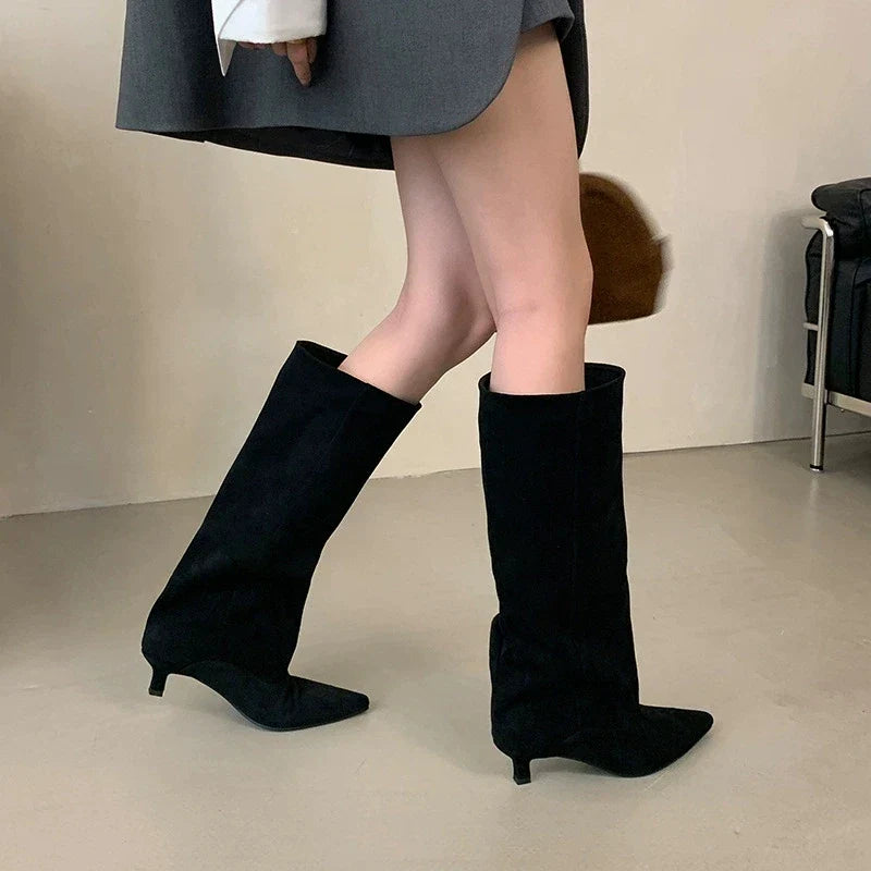 Botte haute noir Daim Synthétique Femme - Talon kitten, tige ajustée