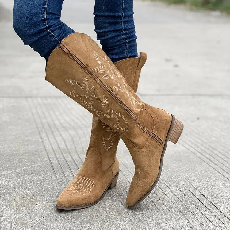 Santiag mi-haute camel Simili Cuir Femme - Broderies western, talon carré