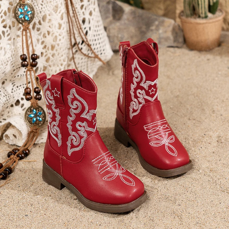 Santiag mi-haute rouge Cuir Fille - Broderies, style cowboy