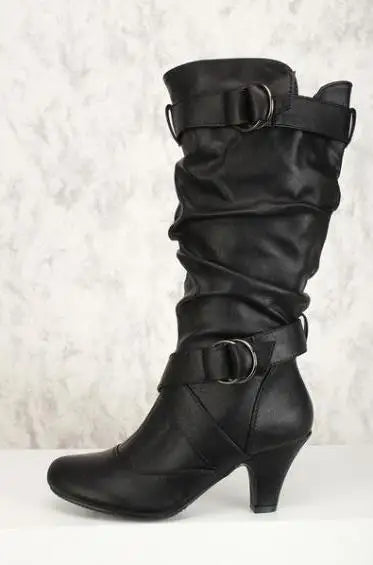 Santiag mi-haute noir Simili Cuir Femme - Boucles métalliques, tige plissée