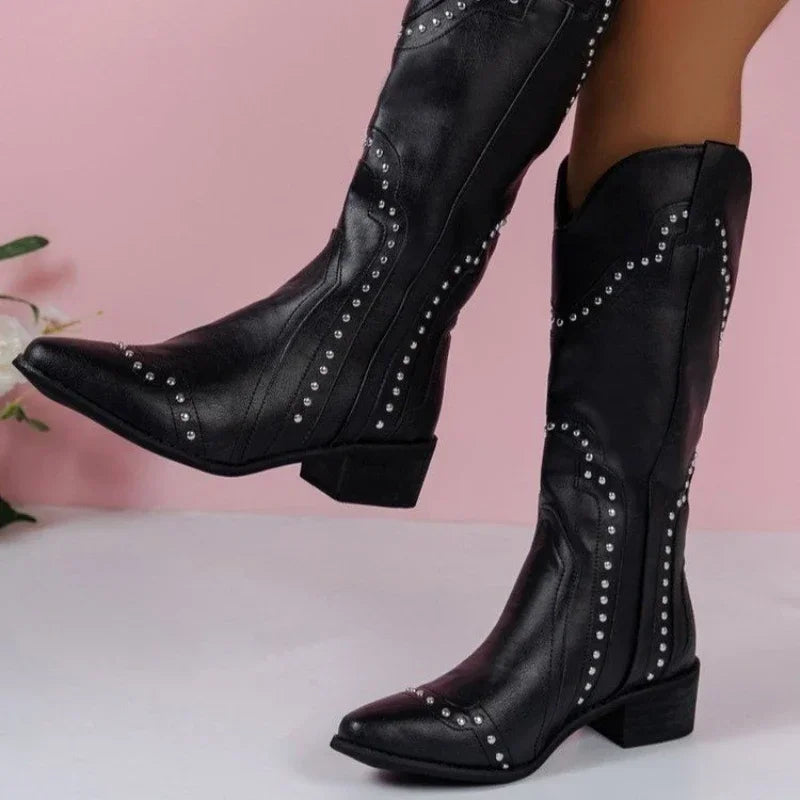 Santiag haute noir Simili Cuir Femme - Clous, coutures western