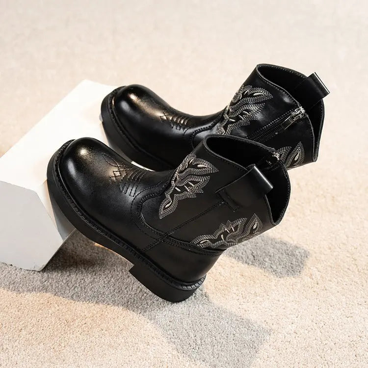 Santiag mi-haute noir Simili Cuir Fille - Broderies western, coutures