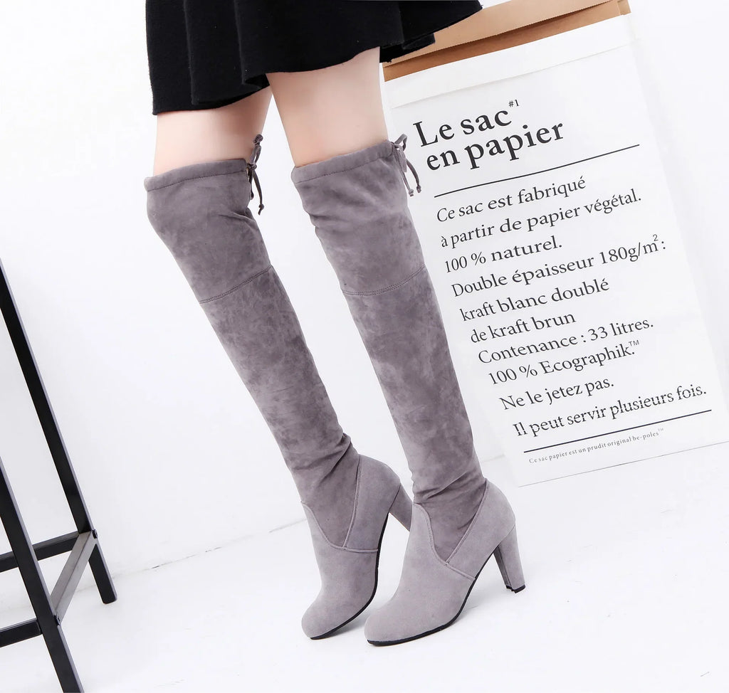Botte haute gris Daim Synthétique Femme - Lacets arrière
