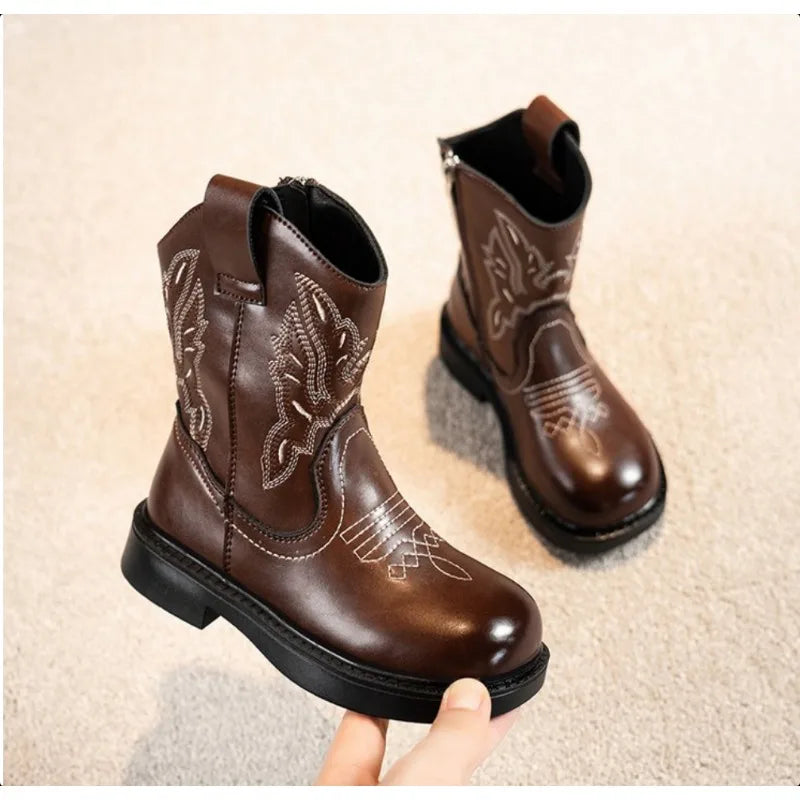 Santiag mi-haute marron Simili Cuir Fille - Broderies florales, semelle contrastée
