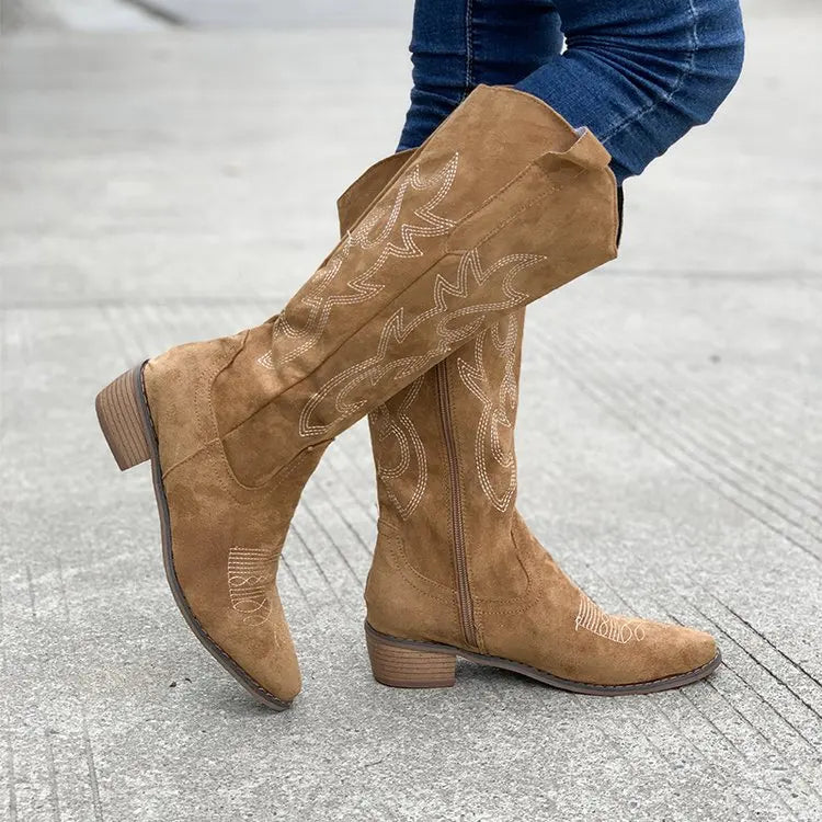 Santiag mi-haute camel Simili Cuir Femme - Broderies western, talon carré
