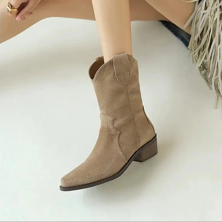 Santiag basse beige Daim Femme - Talon carré