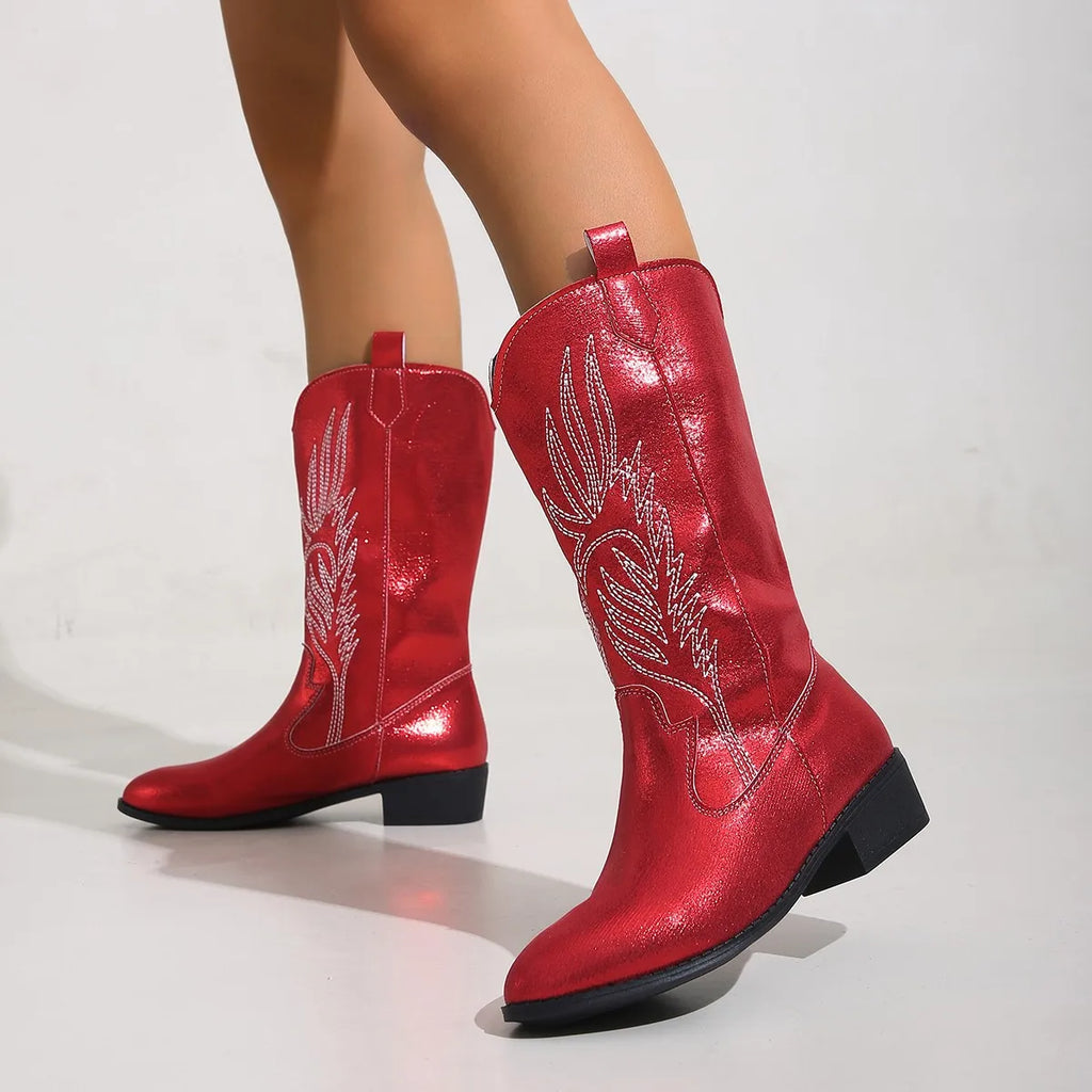 Santiag mi-haute rouge Simili Cuir Femme - Broderies western
