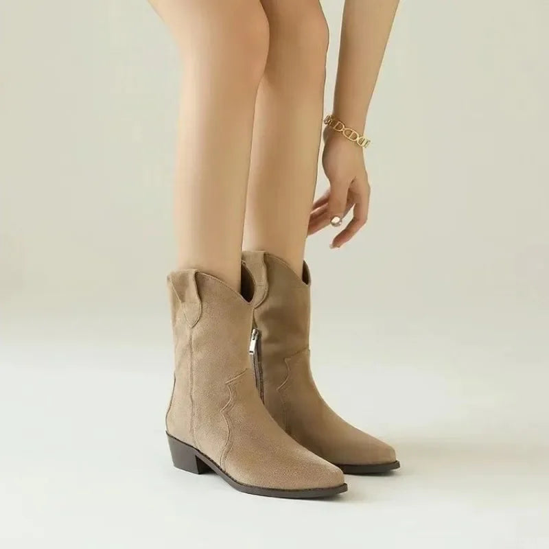 Santiag basse beige Daim Femme - Talon carré