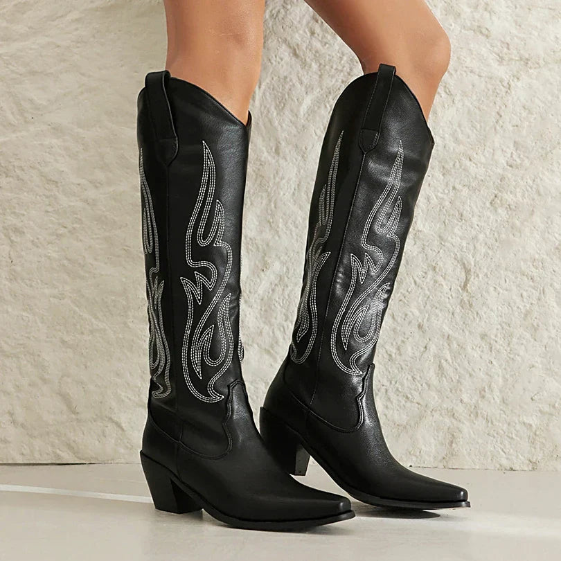 Santiag haute noir Simili Cuir Femme - Broderies géométriques, talon cubain