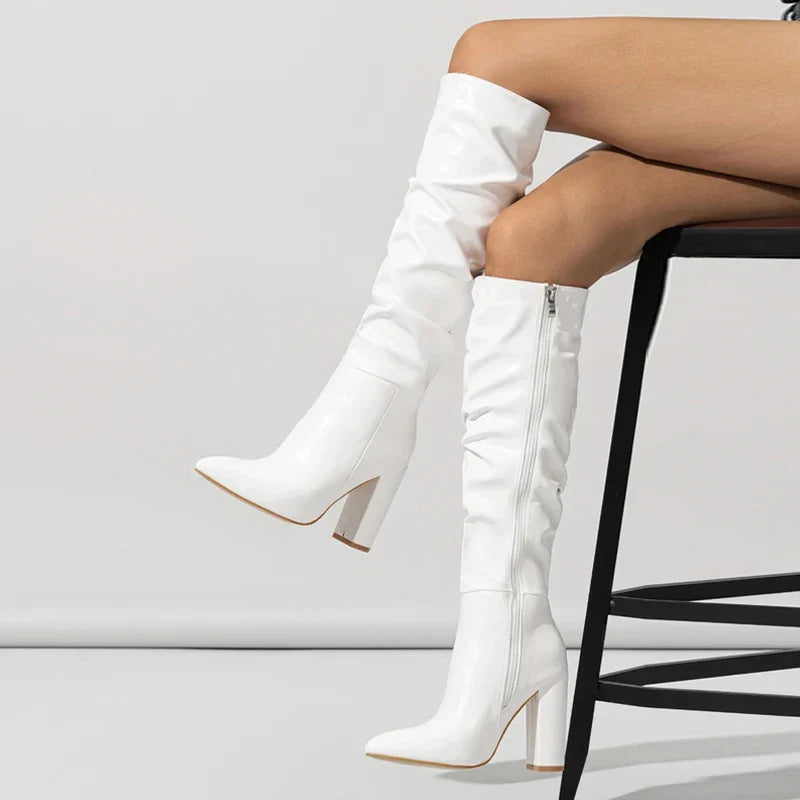 Botte haute blanc Simili Cuir Femme - Tige drapée, talon bloc