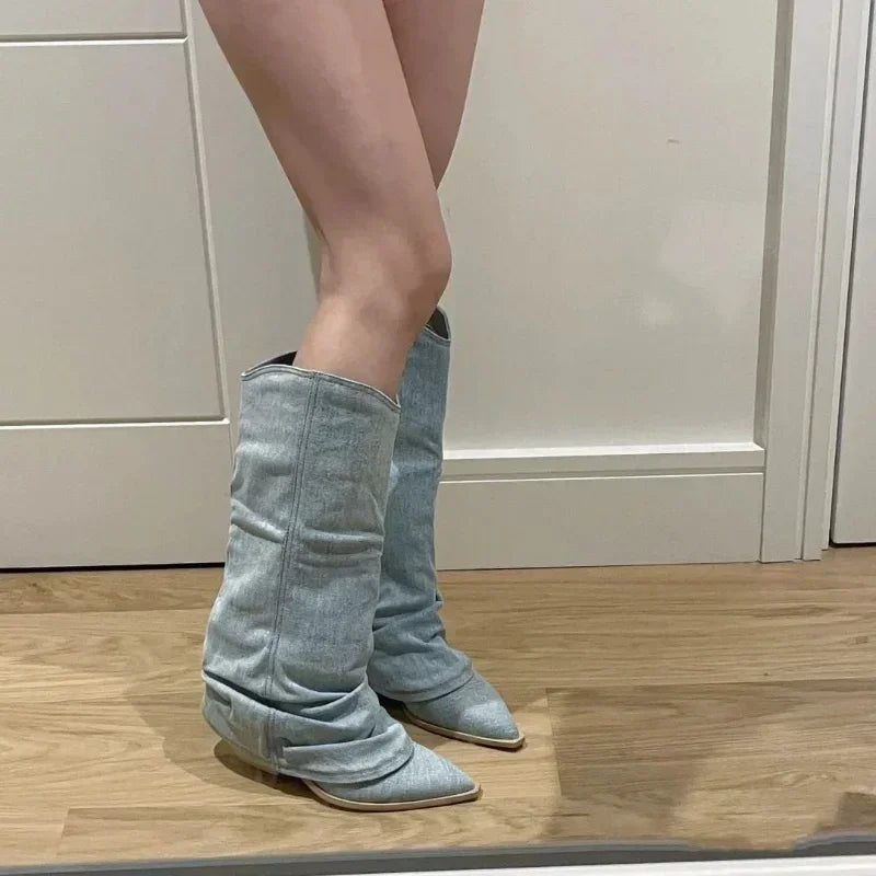 Santiag haute bleu Femme - Effet plissé