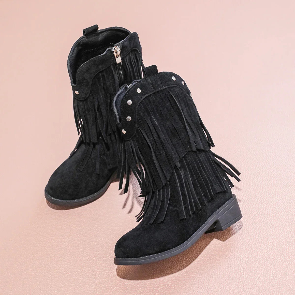 Santiag haute noir Cuir Fille - Franges, clous argentés