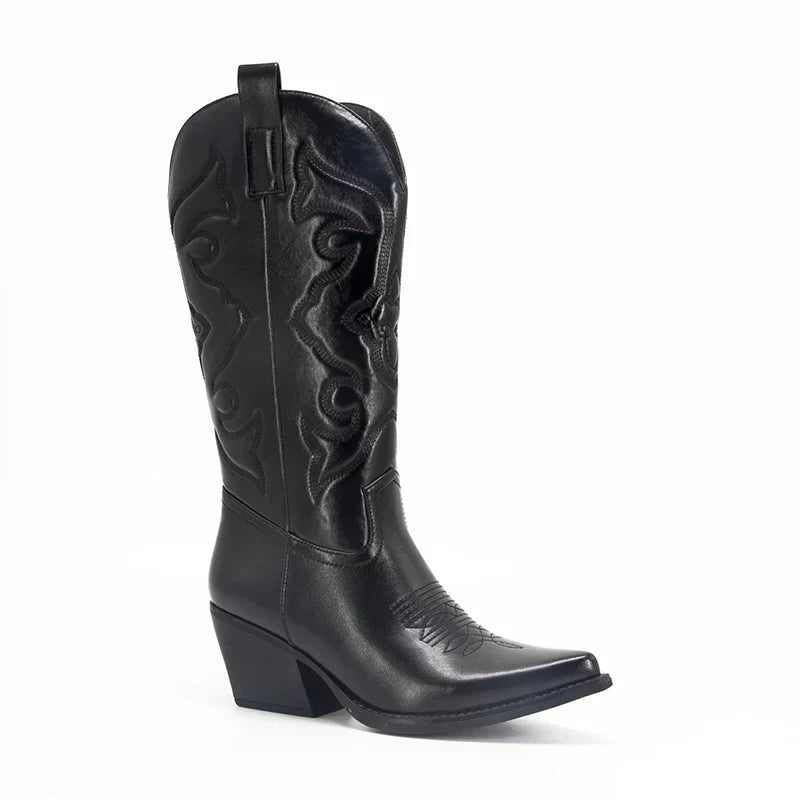 Santiag mi-haute noir Simili Cuir Femme - Broderies, bout pointu