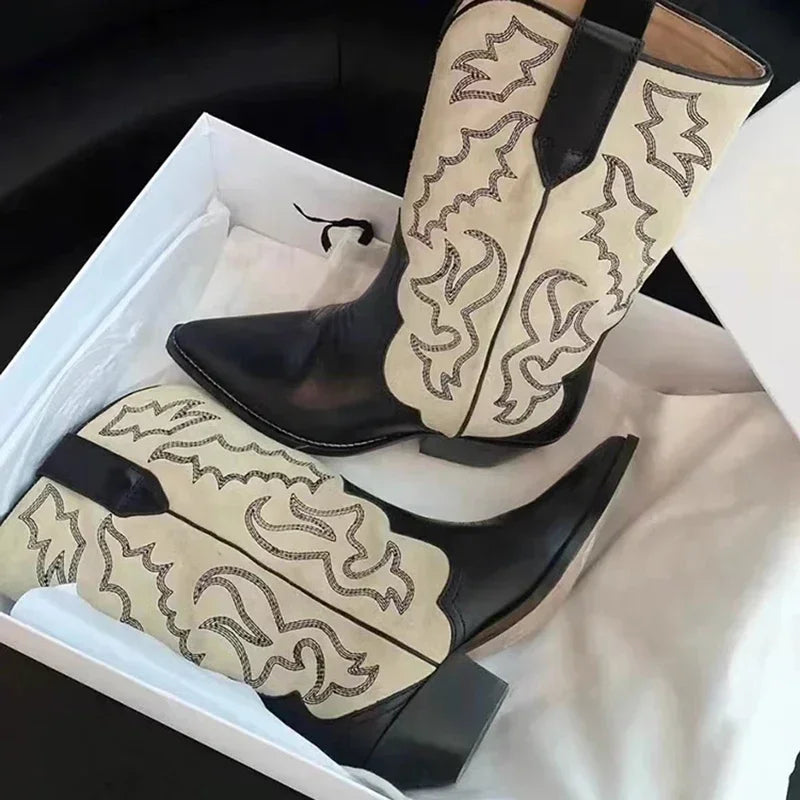Santiag haute noir Simili Cuir Femme - Bicolore, broderies contrastées