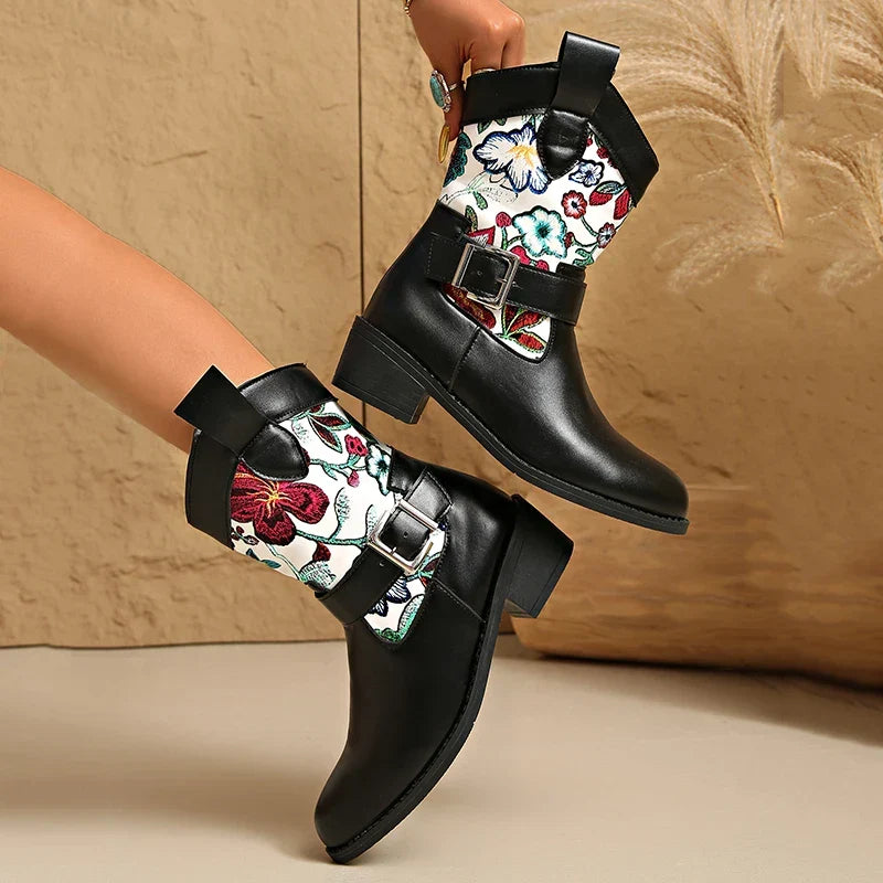 Santiag mi-haute noir Simili Cuir Femme - Broderies colorées, sangle