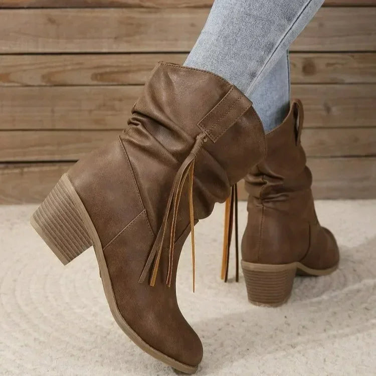 Santiag mi-haute marron Simili Cuir Femme - Franges western, talon carré