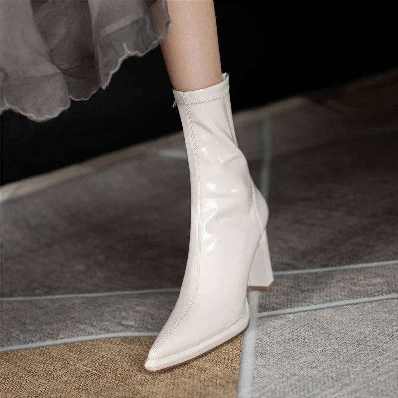 Bottine à talon blanc Simili Cuir Femme - Bout pointu, brillant