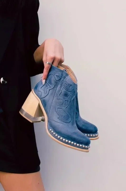 Santiag basse bleu Simili Cuir Femme - Bout arrondi, talon bloc
