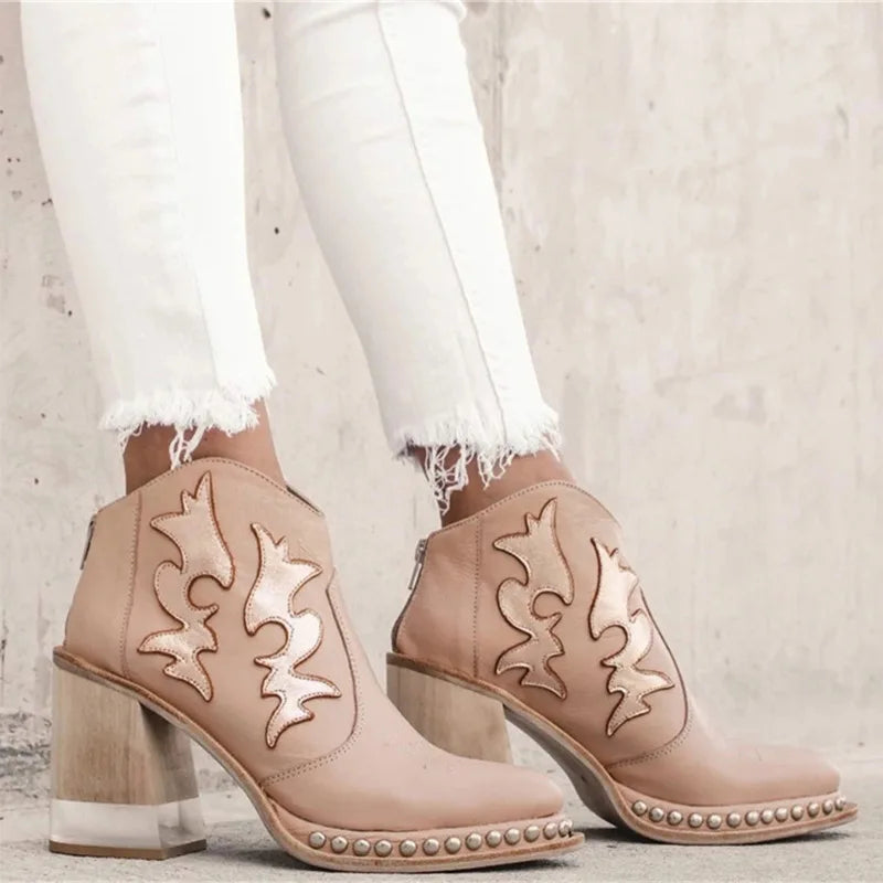 Santiag basse beige Simili Cuir Femme - Broderies florales, clous