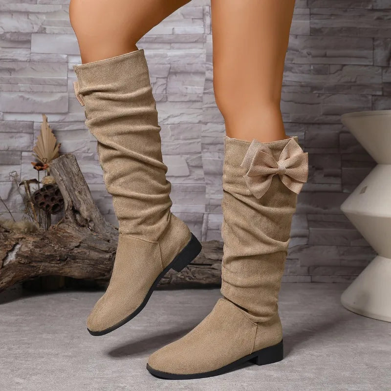 Santiag haute beige Daim Femme - Nœud papillon arrière