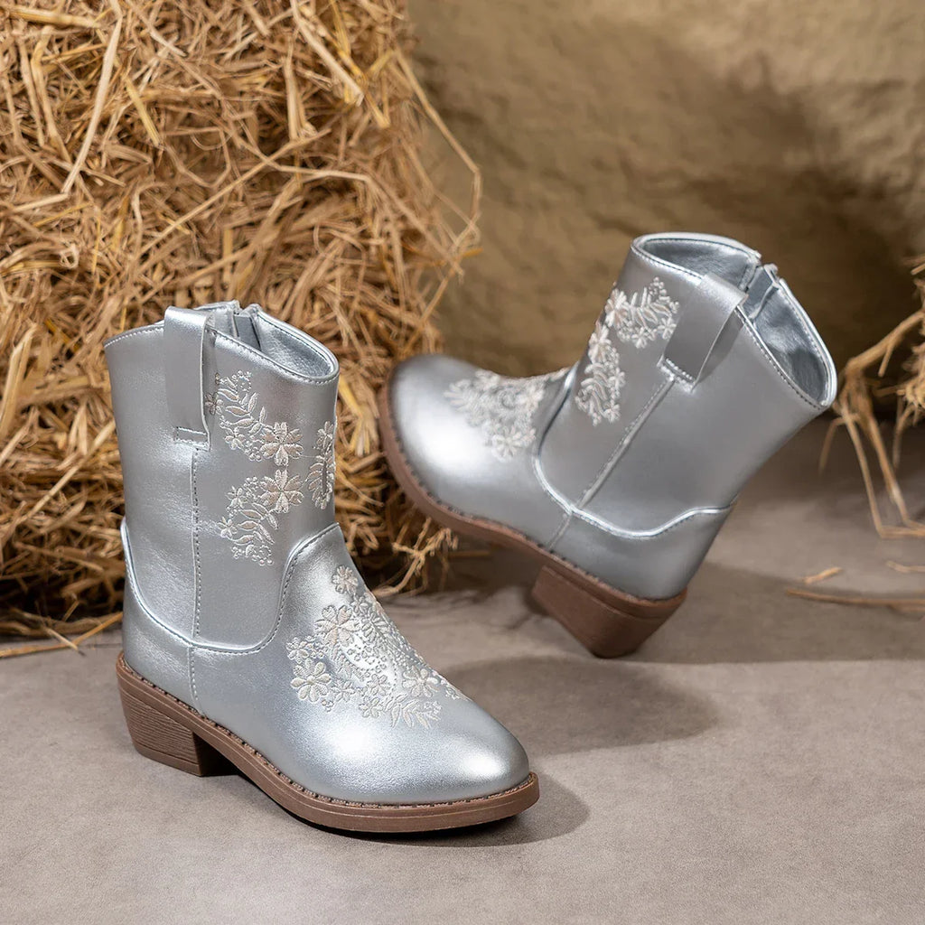 Santiag mi-haute argentée Simili Cuir Fille - Broderies argentées