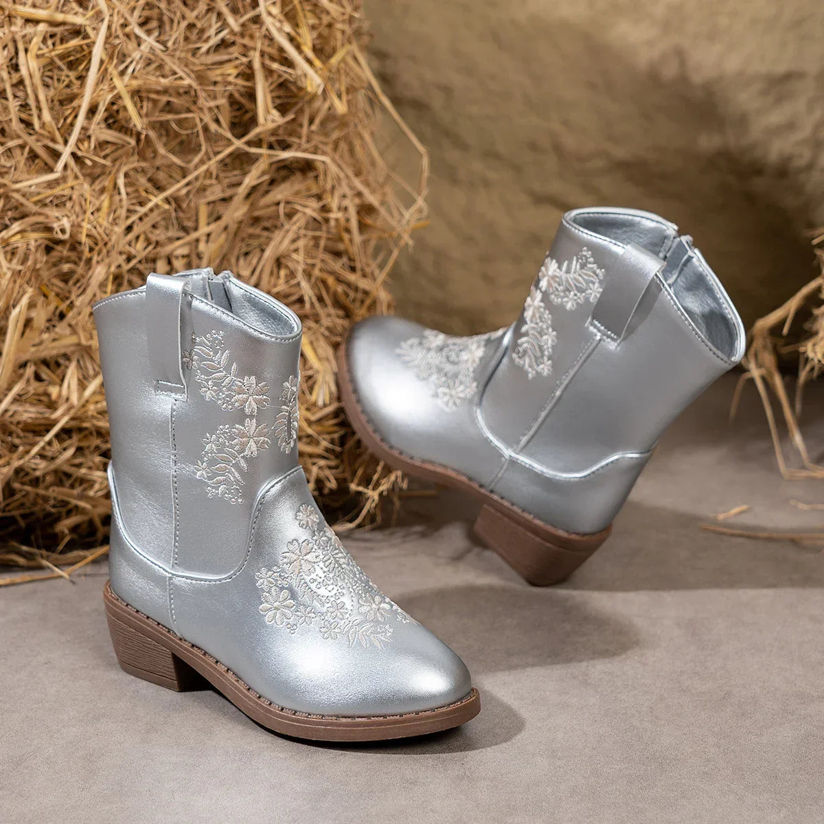 Santiag mi-haute argentée Simili Cuir Fille - Broderies argentées