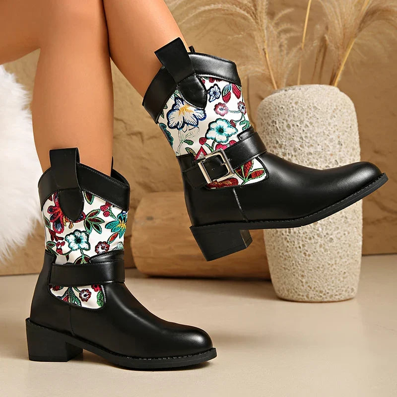 Santiag mi-haute noir Simili Cuir Femme - Broderies colorées, sangle