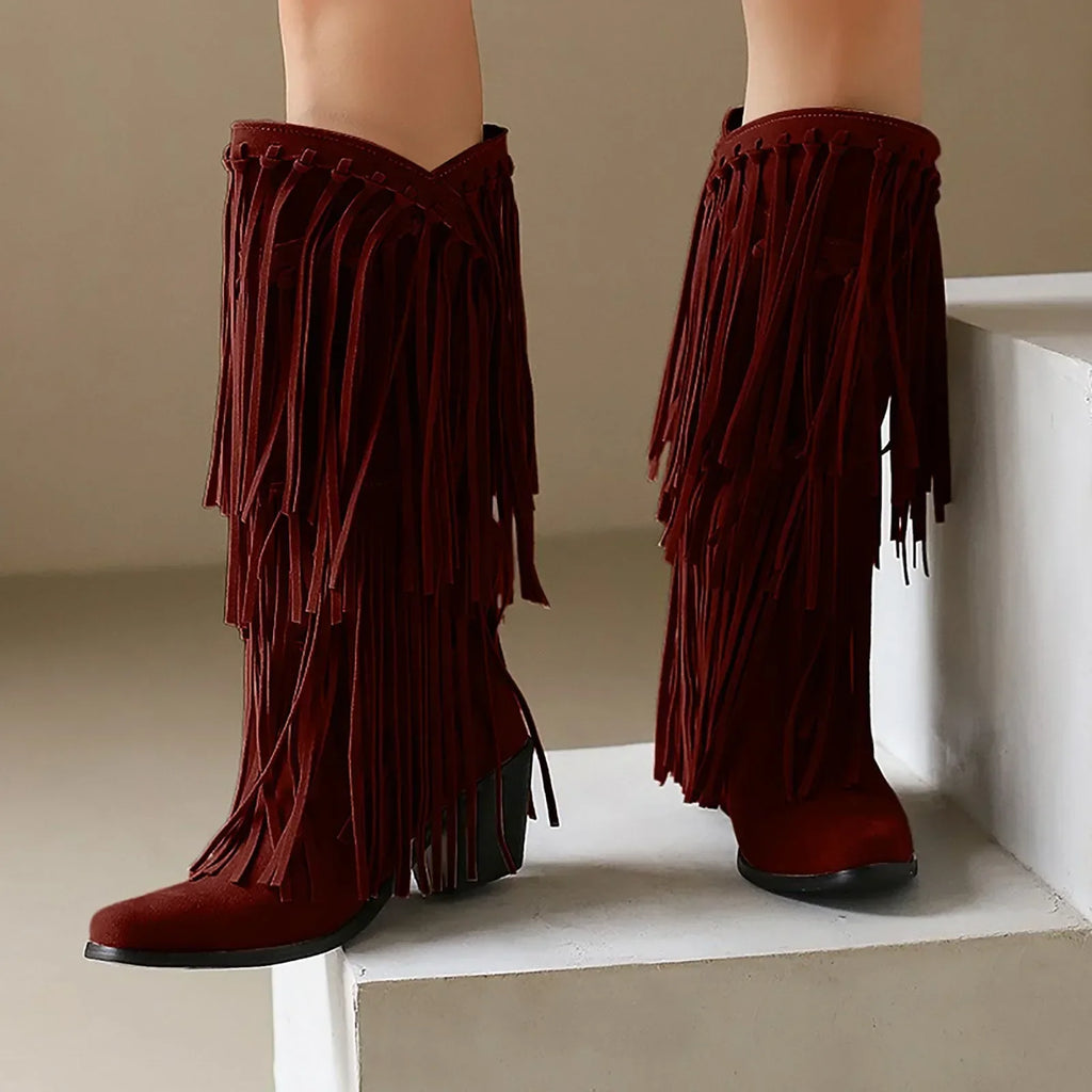 Santiag mi-haute marron foncé Simili Cuir Femme - Franges longues