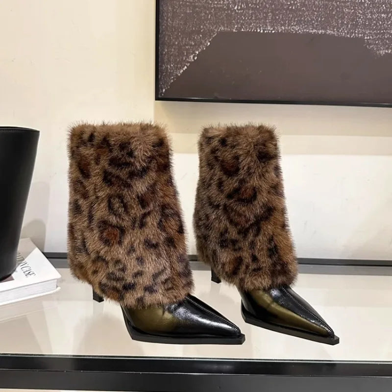 Bottine à talon marron foncé Synthétique Femme - Léopard, bout pointu