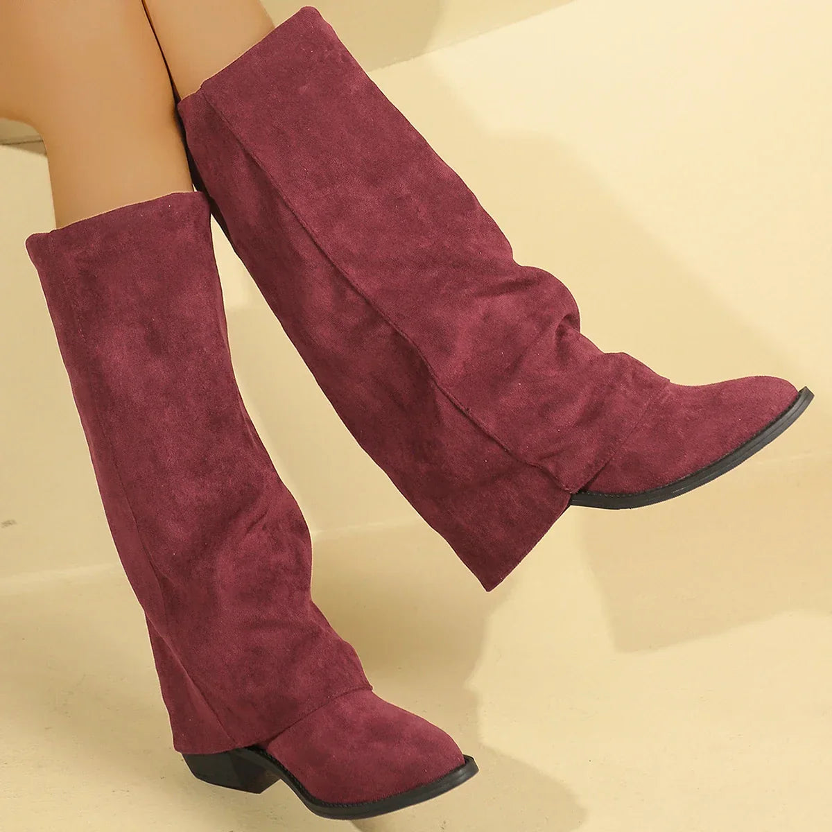 Santiag haute violet Daim Femme - Effet plissé