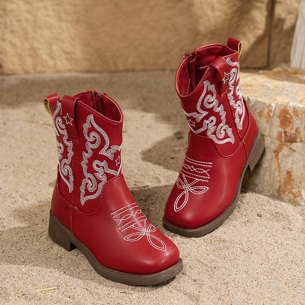 Santiag mi-haute rouge Cuir Fille - Broderies, style cowboy