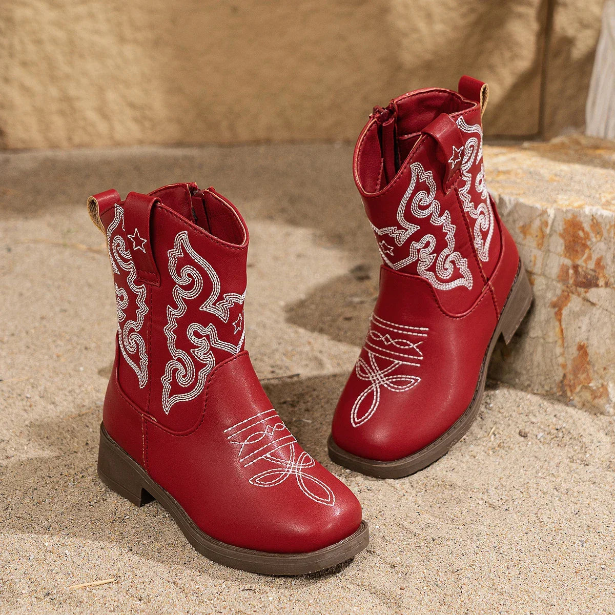 Santiag mi-haute rouge Cuir Fille - Broderies, style cowboy