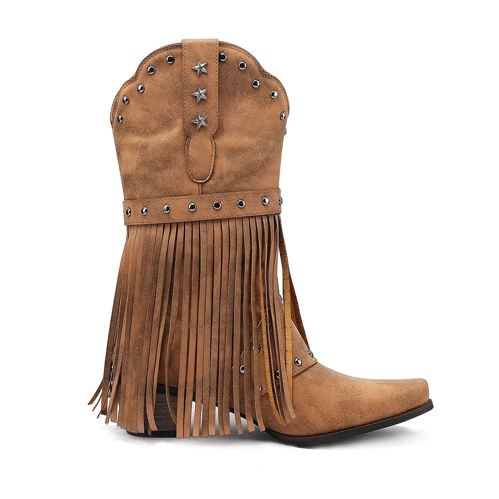Santiag mi-haute camel Simili Cuir Femme - Franges, étoiles