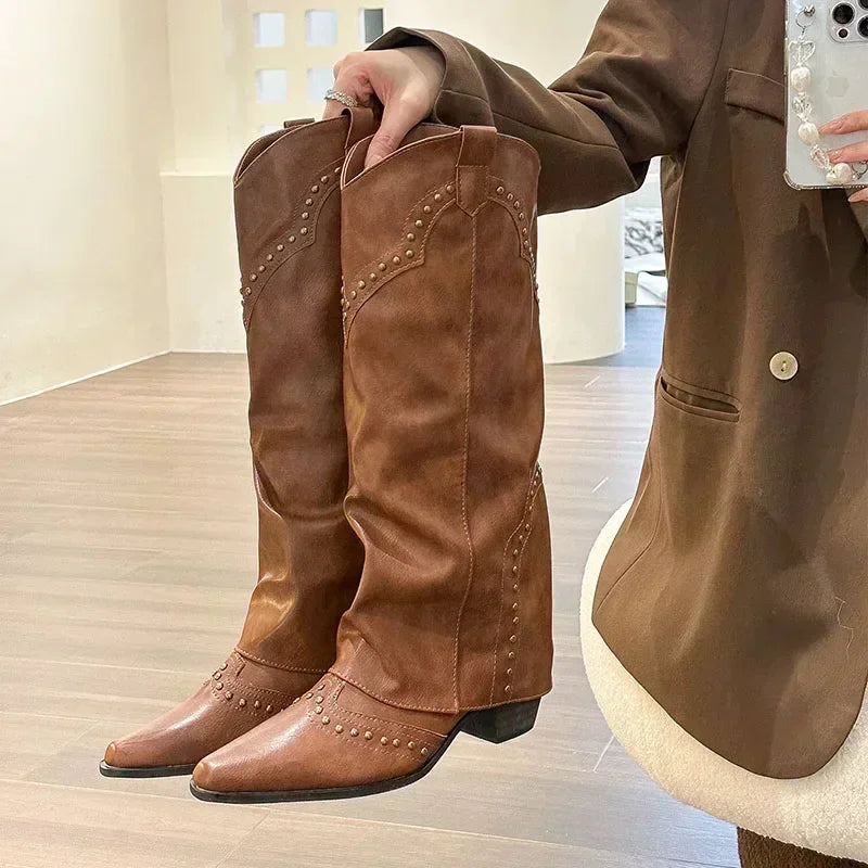 Santiag haute marron Simili Cuir Femme - Clous, style cowboy