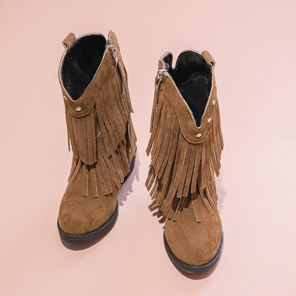 Santiag haute marron Daim Fille - Franges longues