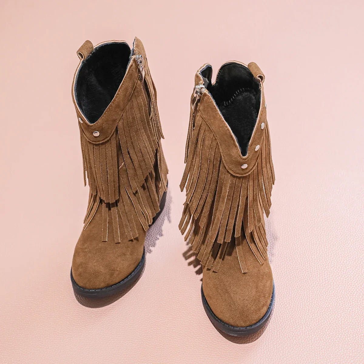 Santiag haute marron Daim Fille - Franges longues