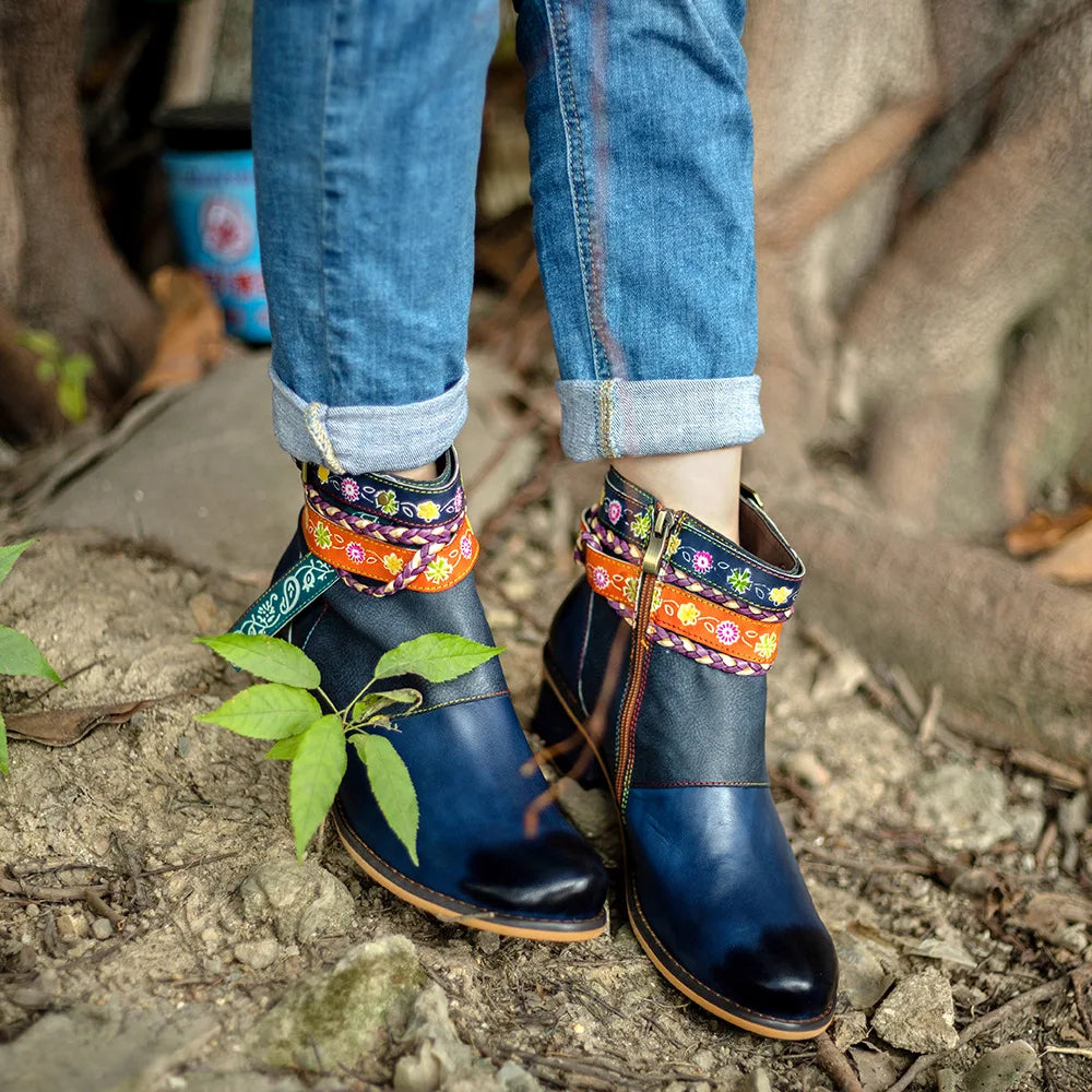 Santiag mi-haute bleu Cuir Femme - Broderies florales, sangles