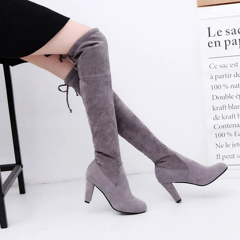 Botte haute gris Daim Synthétique Femme - Lacets arrière