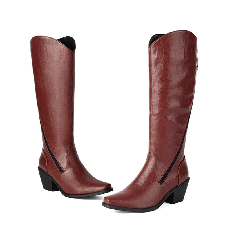 Santiag haute rouge Simili Cuir Femme - Zip latéral