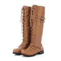 Botte haute camel Simili Cuir Femme - Lacets entrecroisés