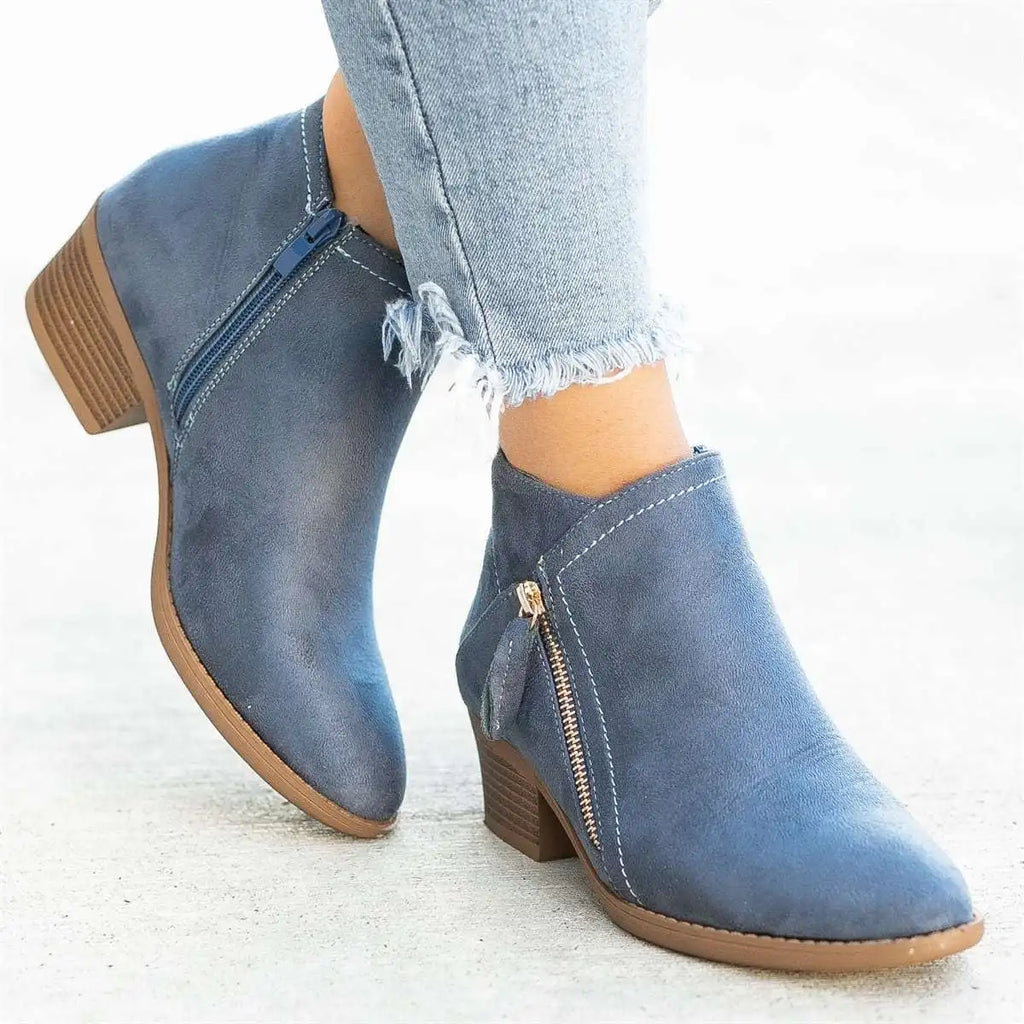 Santiag basse bleu Daim Femme - Bout pointu, zip doré