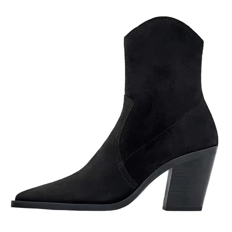 Santiag mi-haute noir Daim Femme - Talon carré, bout pointu