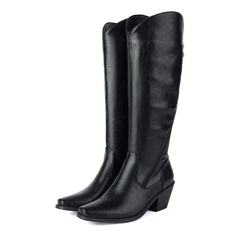 Santiag haute noir Simili Cuir Femme - Broderies ton sur ton, talon cubain