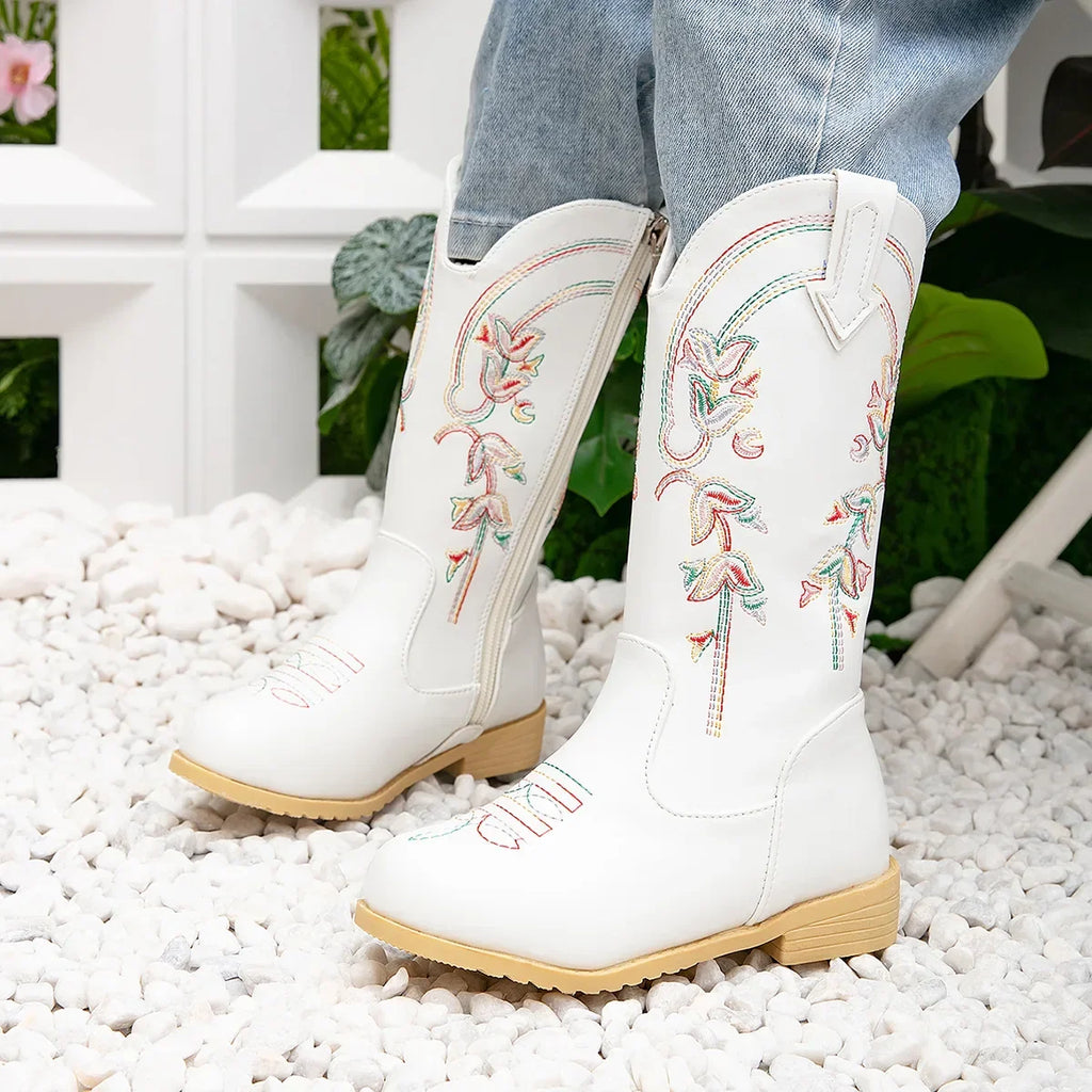 Santiag mi-haute blanc Cuir Fille - Broderies florales