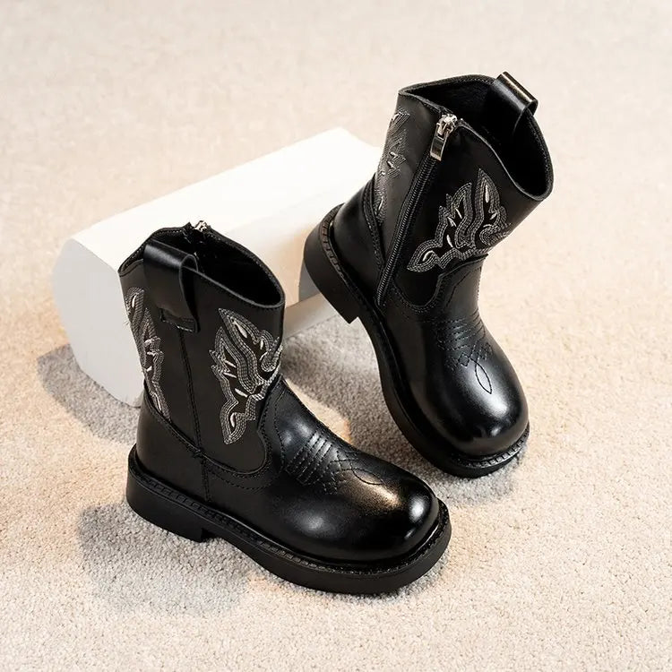 Santiag mi-haute noir Simili Cuir Fille - Broderies western, coutures